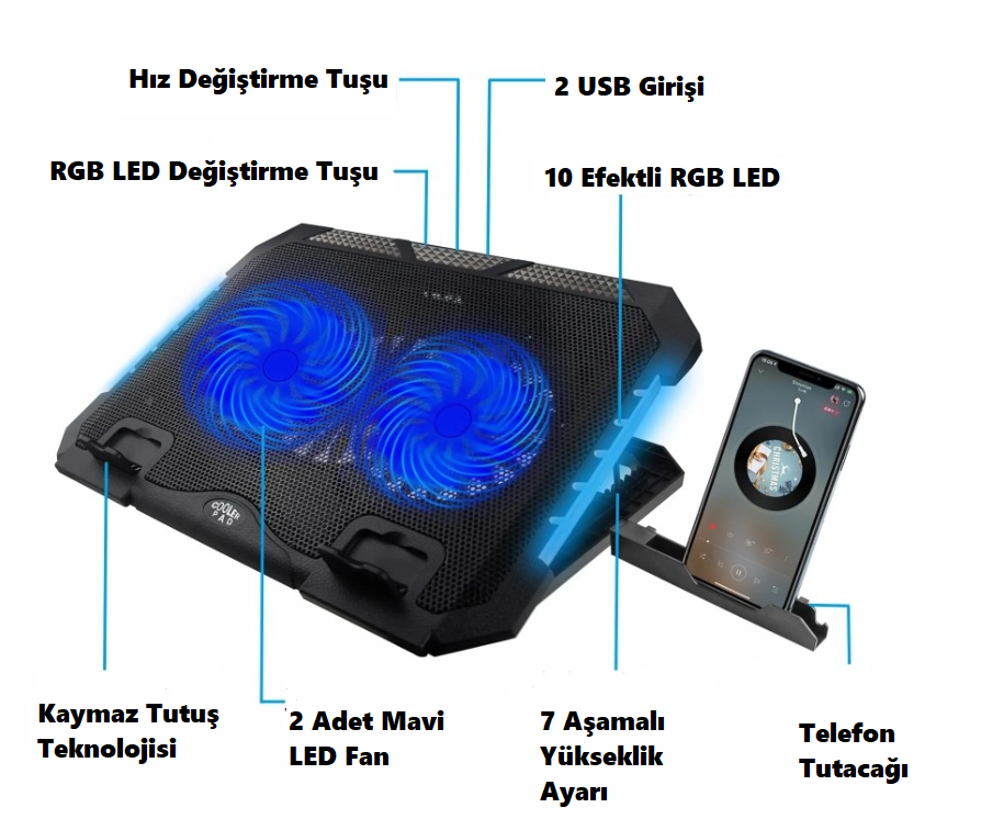 S900 Ayarlanabilir Yükseklikli RGB Işıklı Laptop Soğutucu 2 Fanlı Notebook Bilgisayar Standı