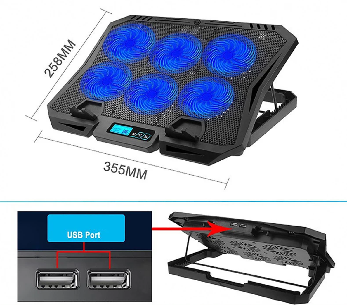 X6A Göstergeli 6 Mavi Led Fanlı Laptop Soğutucu Notebook Dizüstü Ayarlı Laptop Standı