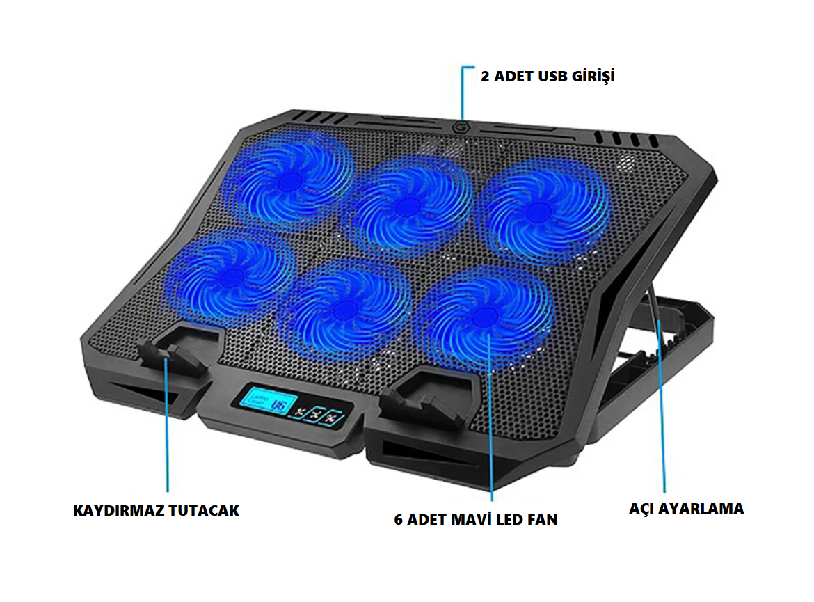 X6A Göstergeli 6 Mavi Led Fanlı Laptop Soğutucu Notebook Dizüstü Ayarlı Laptop Standı