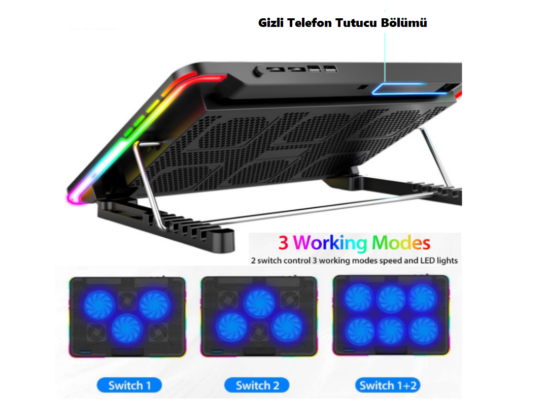 X8 Ayarlanabilir RGB Işıklı 6 Fanlı Laptop Soğutucu Dizüstü Notebook Standı